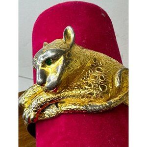 Vintage Castlecliff Gold Tone Rhinestone Leopard Cat Figural Clamper Hinged Brac